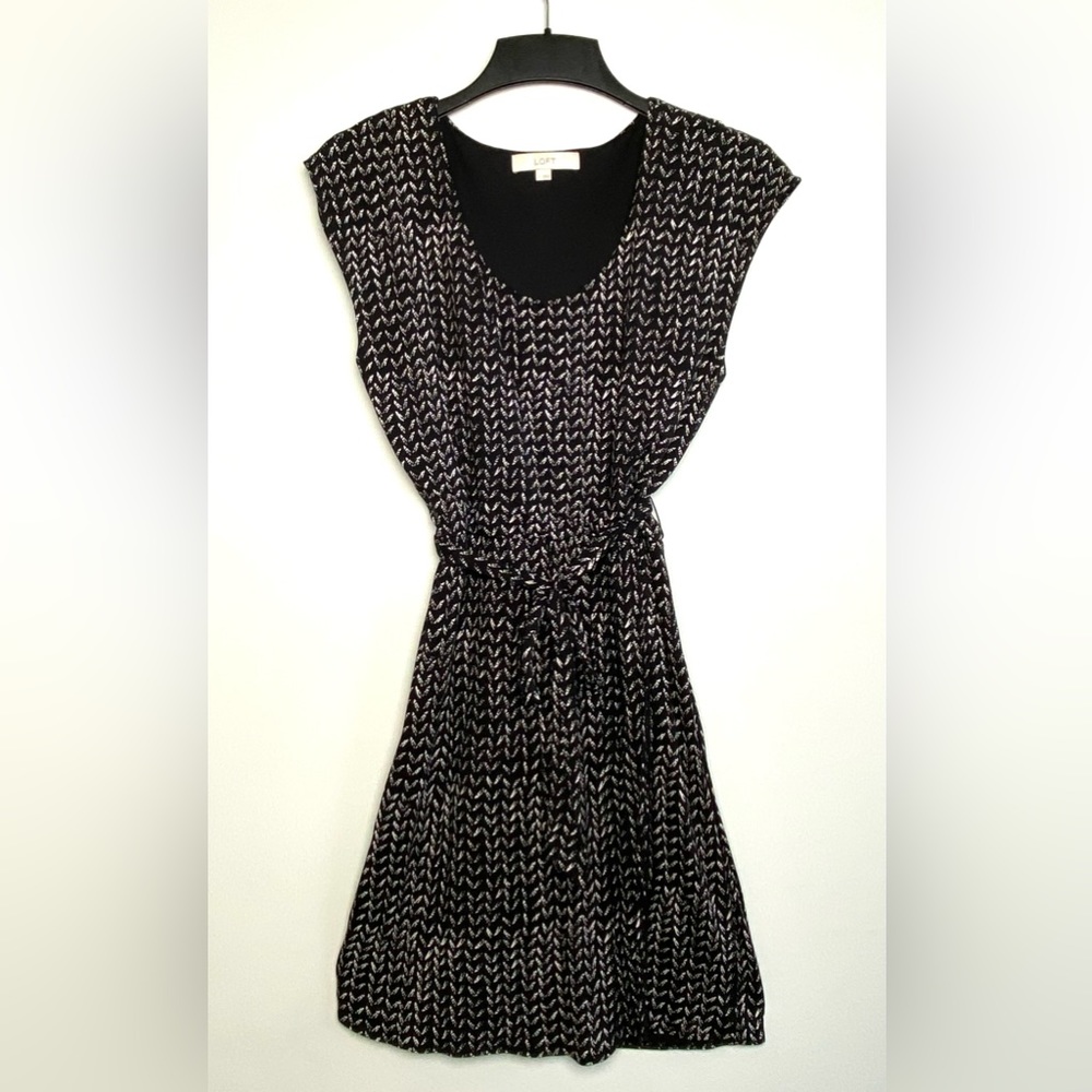 Ann Taylor LOFT Blouson Black Scoop Neck Faux Wrap Dress Elastic Waist Size S